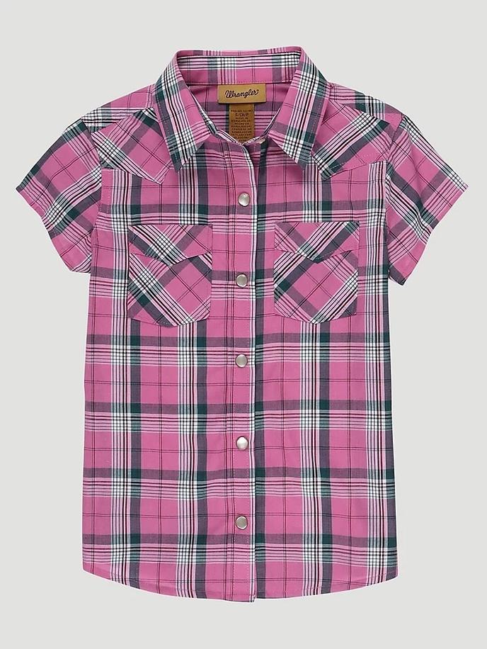Girl's Short Sleeve Plaid Western Snap Shirt In Bubble Pink Main View
