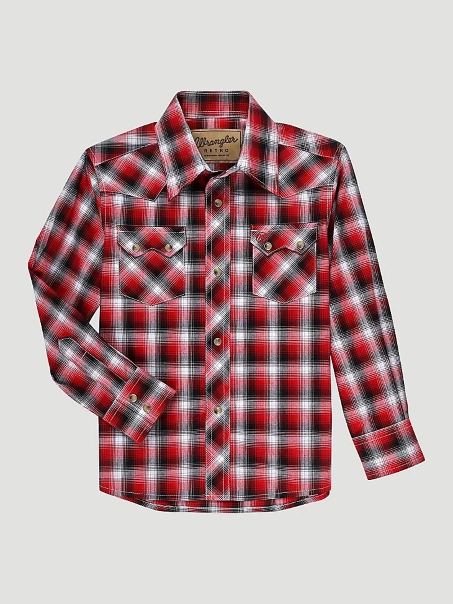  Boy's Wrangler Retro® Western Snap Plaid Shirt With Front Sawtooth Pockets In RED FRONT VIEW