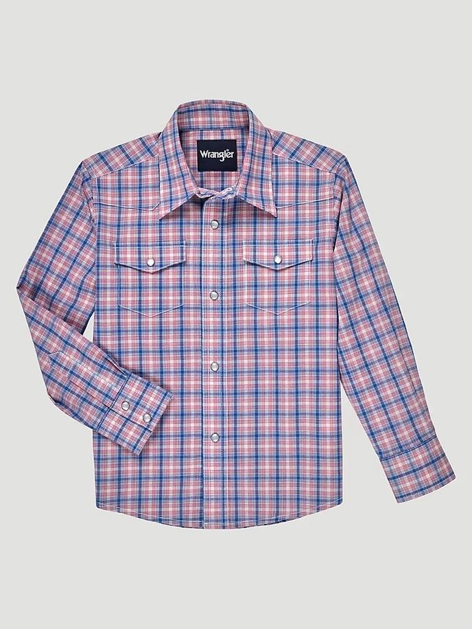 Boy's Long Sleeve Wrinkle Resist Western Snap Plaid Shirt IN FIREWORKS BLUE FRONT VIEW