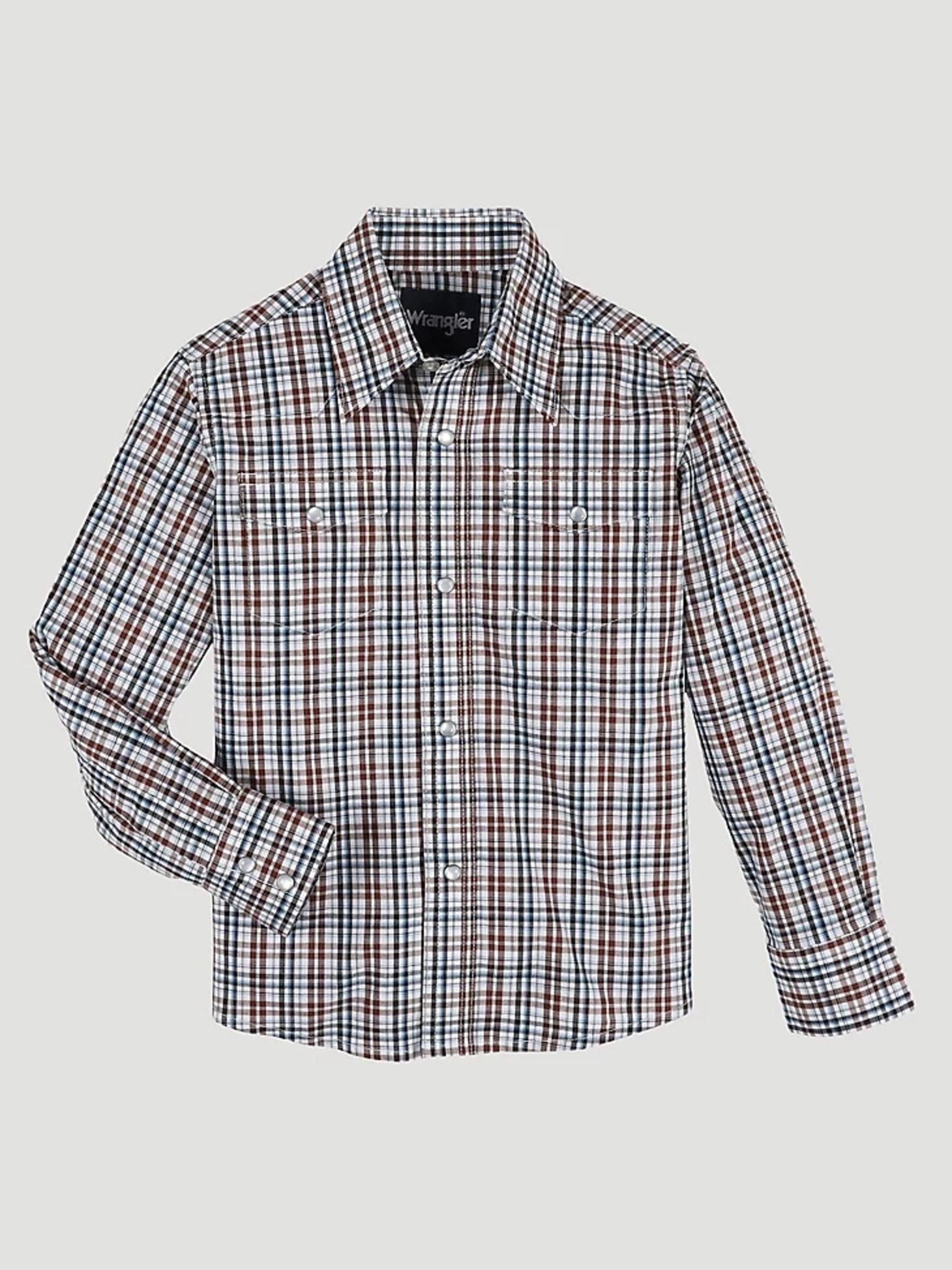 Boy's Long Sleeve Wrinkle Resist Western Snap Plaid Shirt FRONT VIEW IN brown