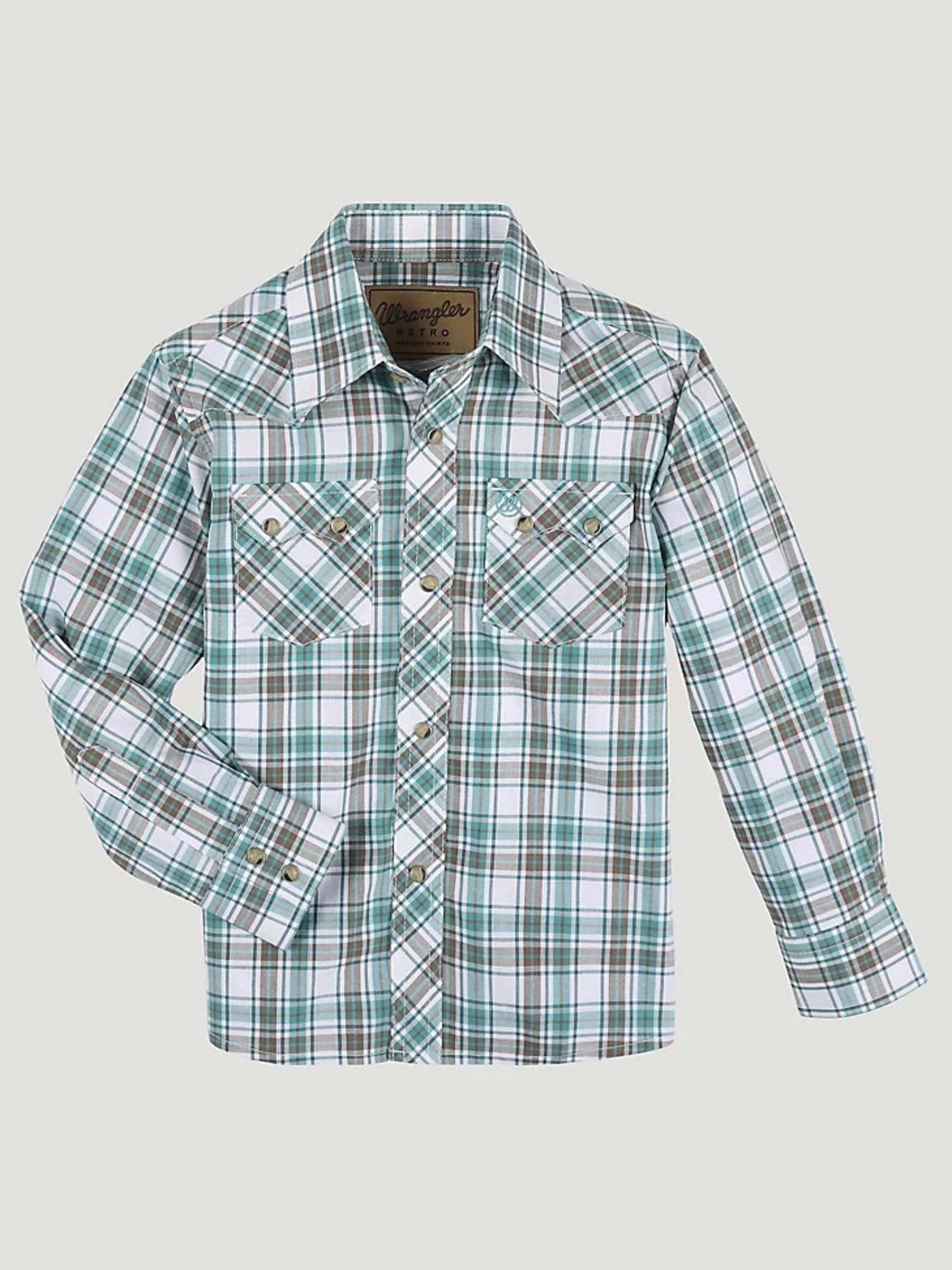  Boy's Wrangler Retro® Western Snap Plaid Shirt With Front Sawtooth Pockets In Minty FRONT VIEW