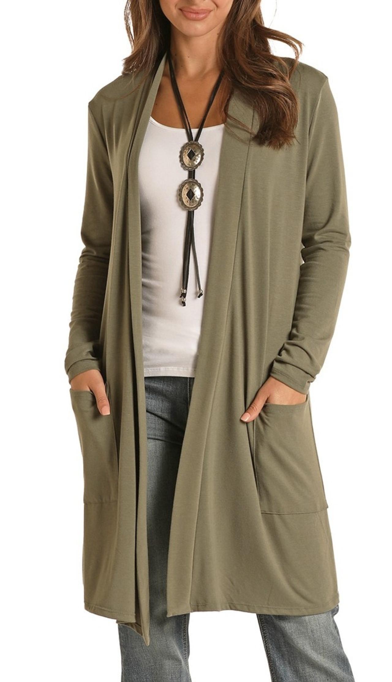Panhandle Solid Knit Duster olive front view