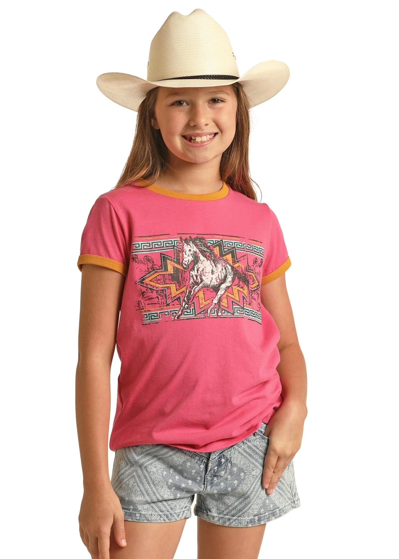 Rock & Roll Cowgirl Girl's Hot Pink Horse Short Sleeve Tee Front