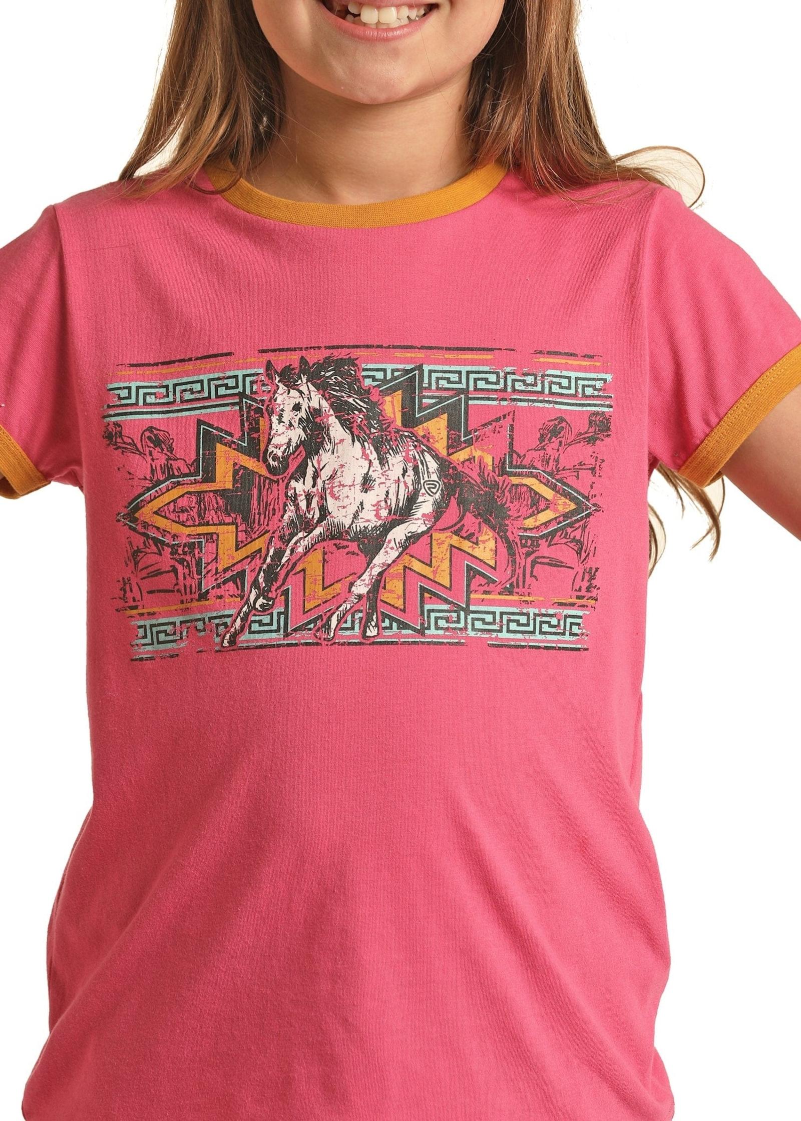 Rock & Roll Cowgirl Girl's Hot Pink Horse Short Sleeve Tee Detailed Graphic