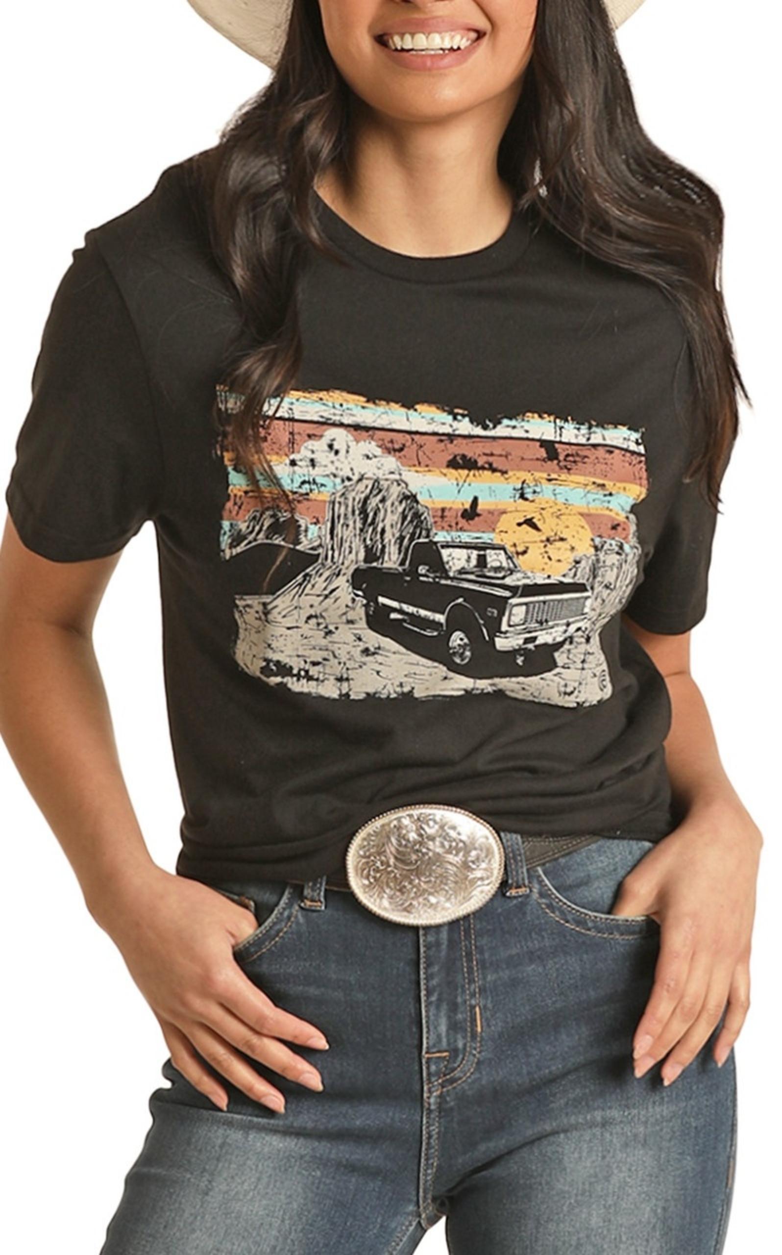 Women's Black Car and Desert Graphic Tee front