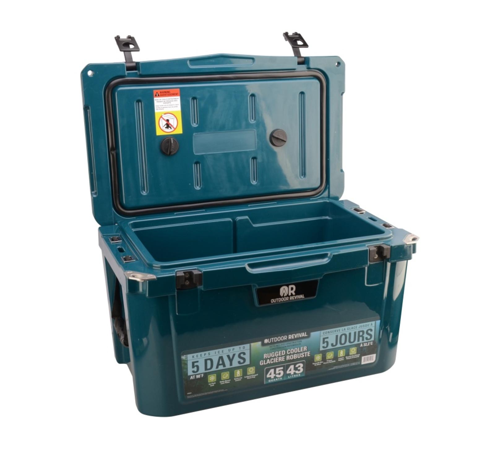 OR 45 QT COOLER WHTIE open top view in navy