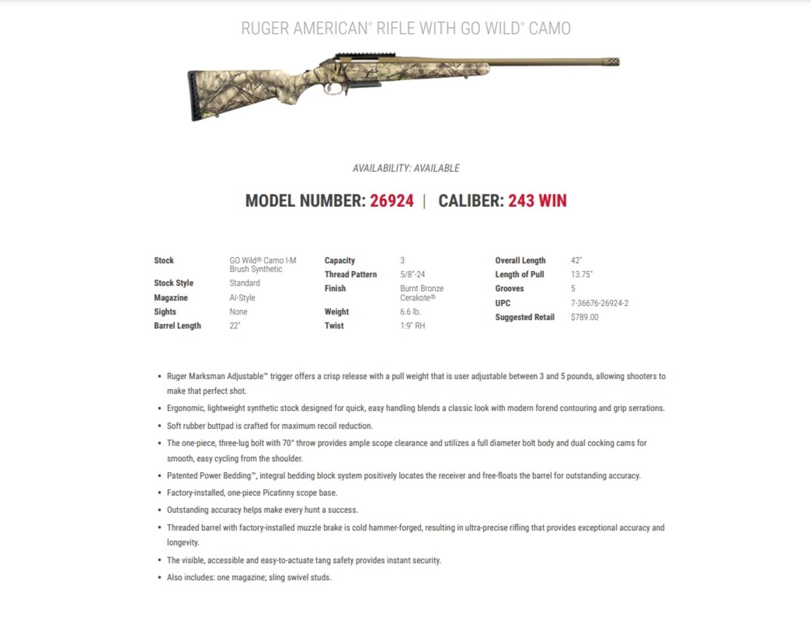 Ruger American® 243 Win Rifle With Go Wild® Camo Spec Sheet