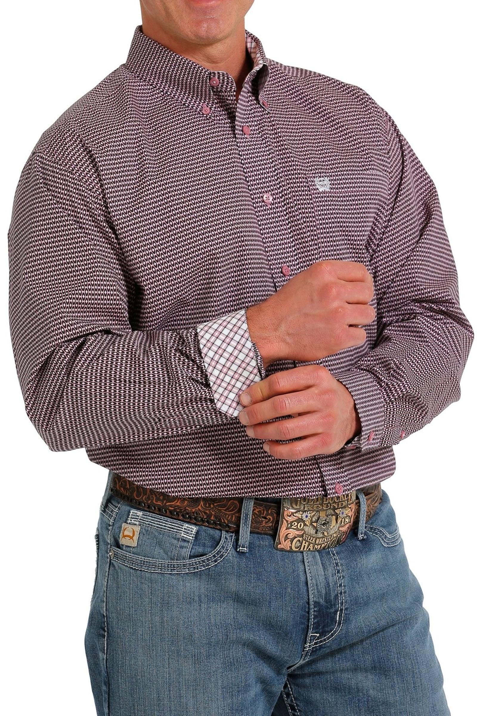 Cinch Jeans Men's Geometric Print Button-Down Western Shirt - Pink / Black