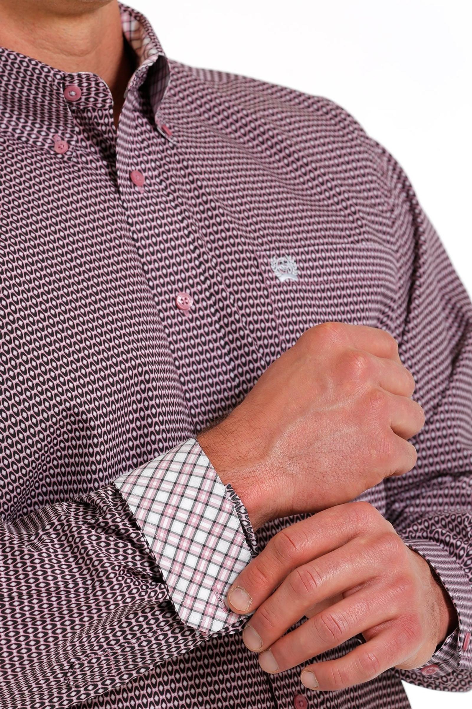 Men's Geometric Print Button-Down Western Shirt - Pink / Black