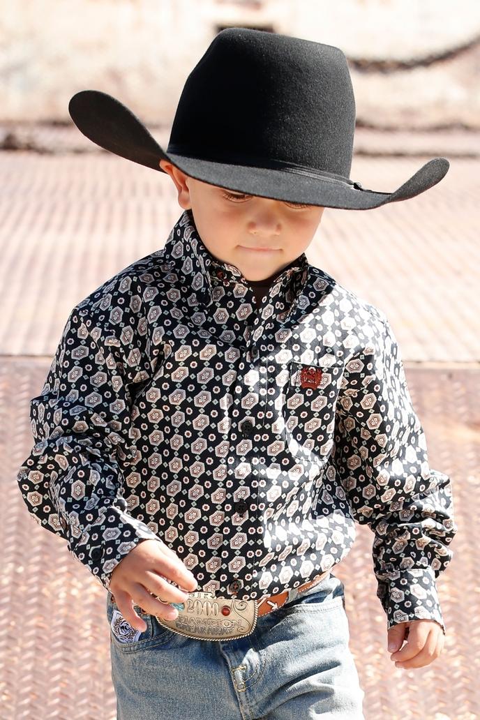 Toddler Match Dad Medallion Print Button-Down Western Shirt - Black / Khaki