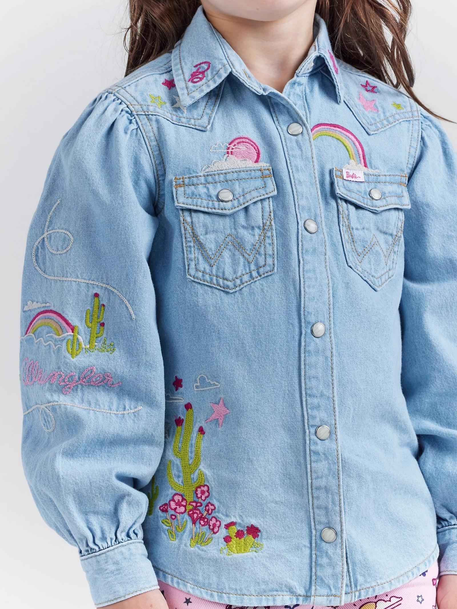 Wrangler X Barbie™ Girl's Balloon Sleeve Embroidered Blouse In Ken Blue