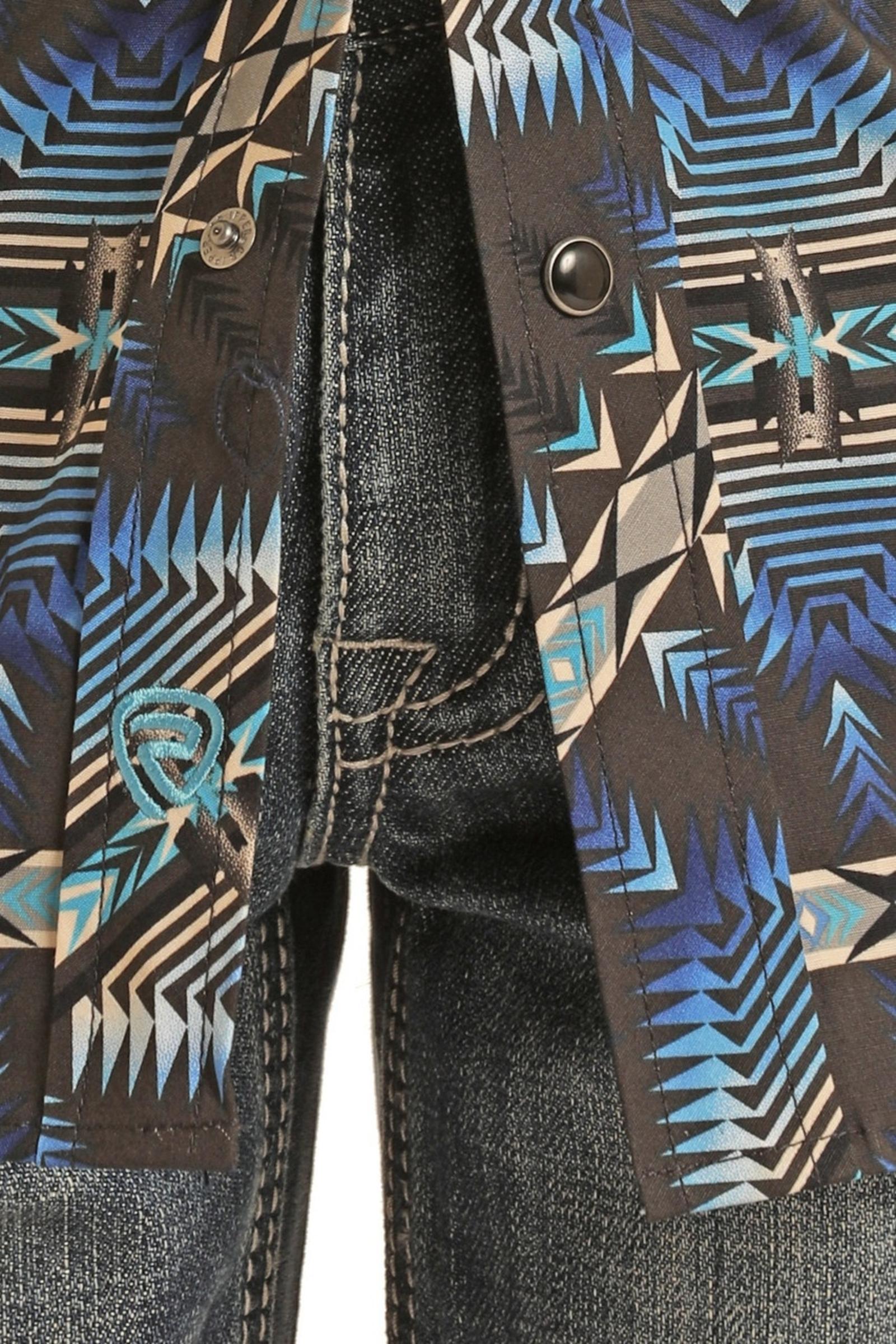 Rock and Roll Denim Aztec Print Long Sleeve Snap Shirt