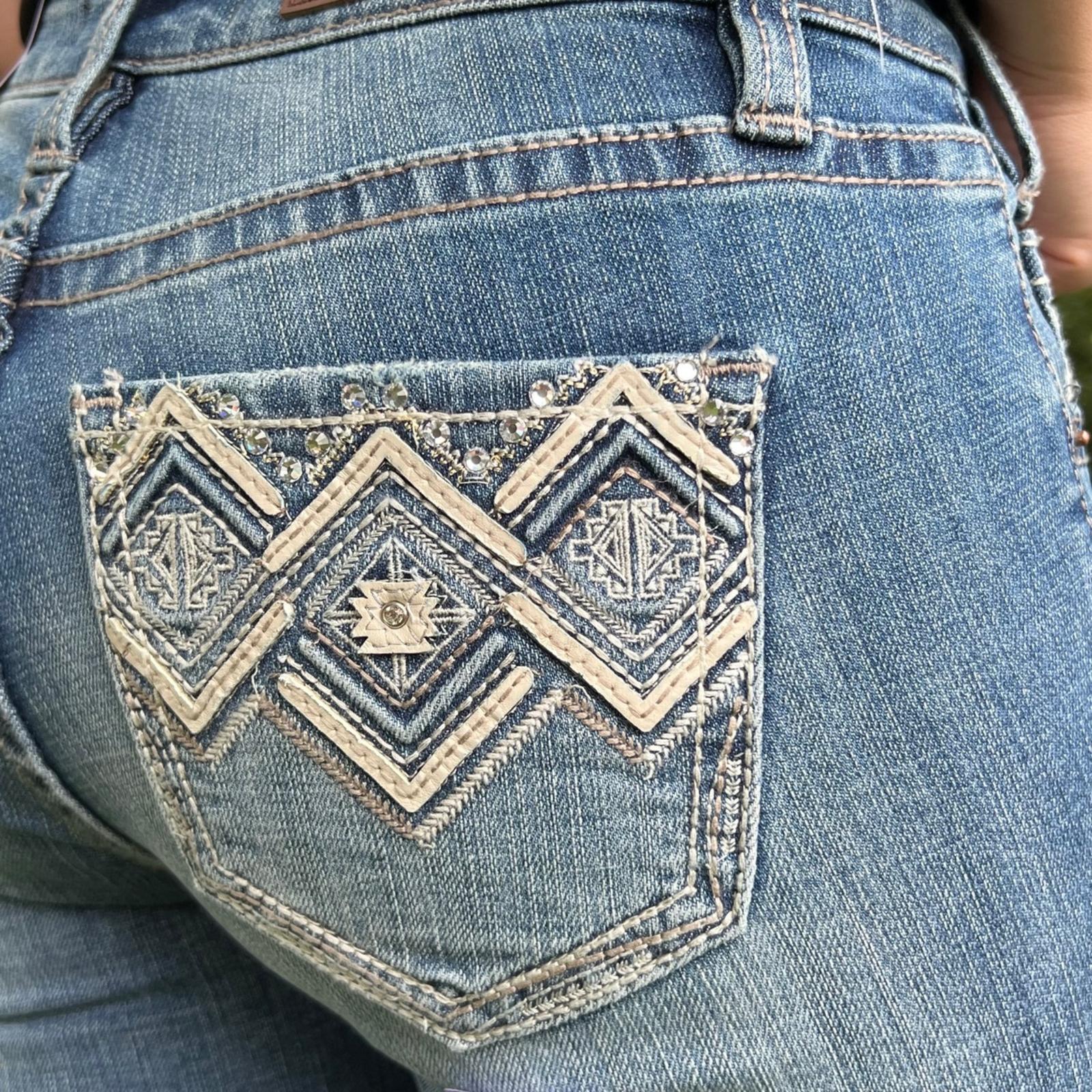  Rock & Roll Ladies Medium Wash Aztec Pocket Mid Rise Bootcut Jeans