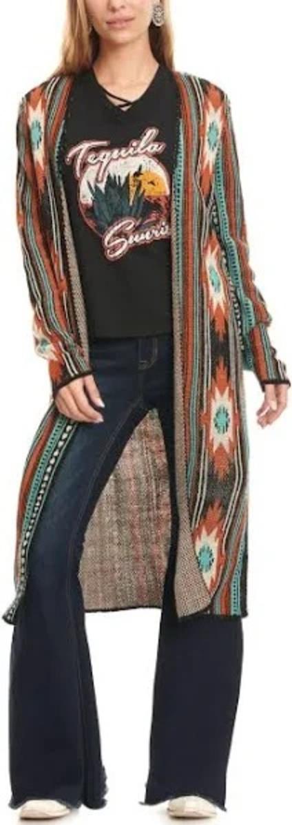 Rock & Roll Denim Women's Black & Colorful Aztec Duster Sweater