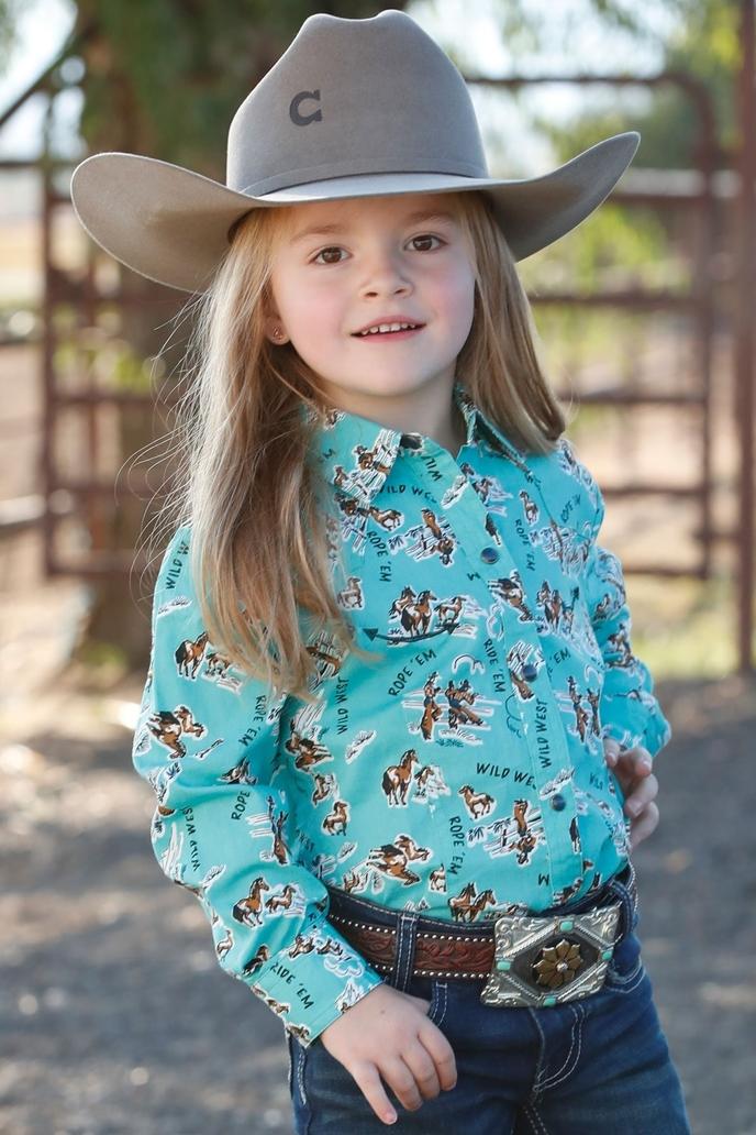 Cruel Denim Girl's Cowgirl Print Button-Down Western - Turquoise