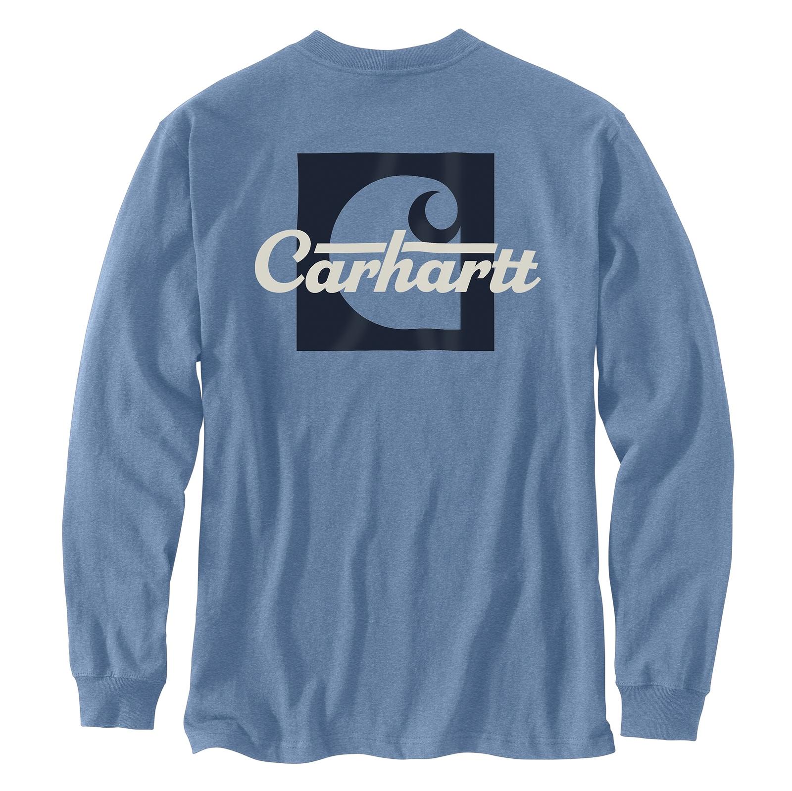 Carhartt Men's Loose Fit Heavyweight Long-Sleeve Pocket Script Graphic T-Shirt skystone heather back