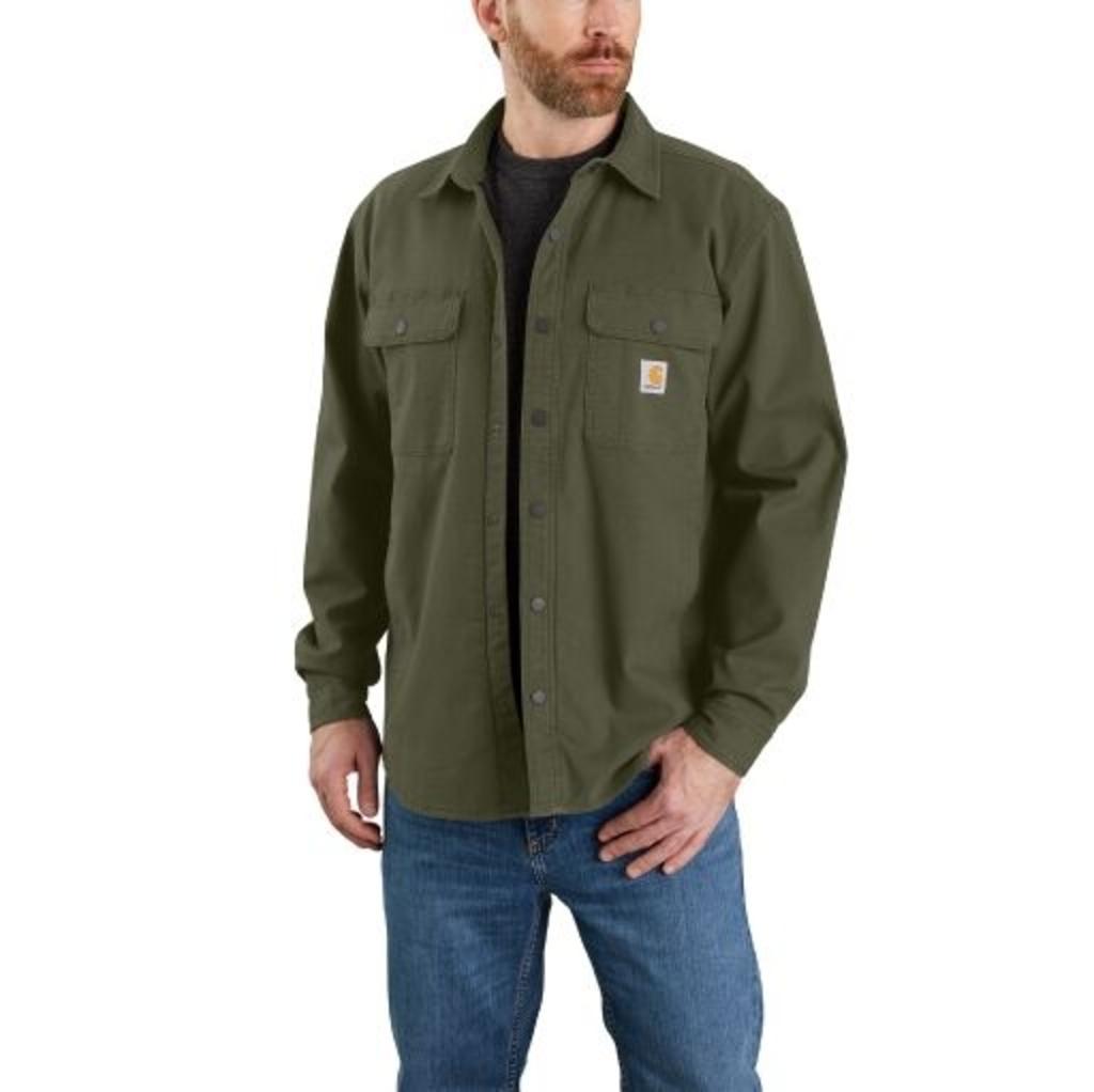 on model picture Carhartt Rugged Flex® Relaxed Fit Canvas Fleece-Lined Shirt Jac basil