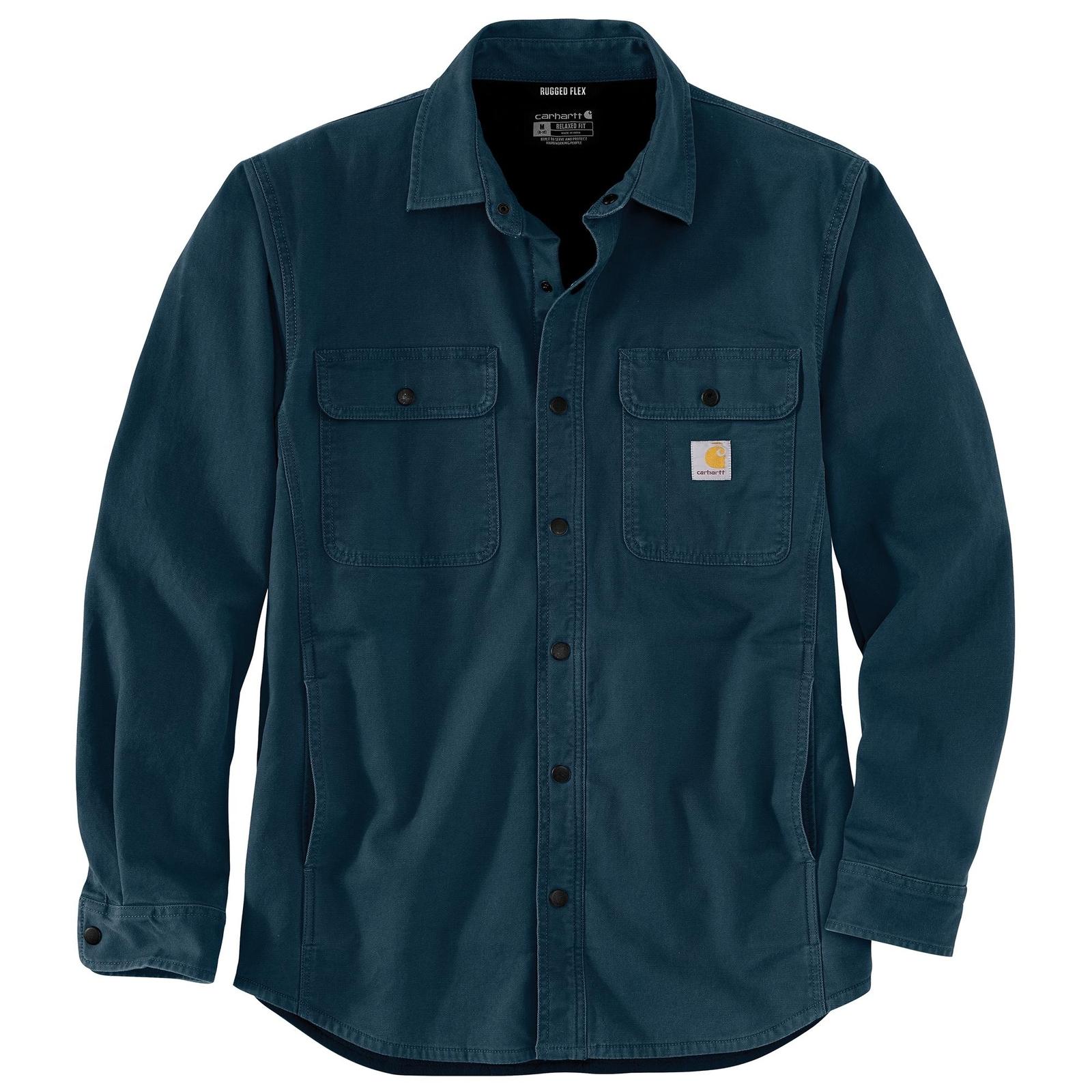 on model picture Carhartt Rugged Flex® Relaxed Fit Canvas Fleece-Lined Shirt Jac Night blue stylized photo 