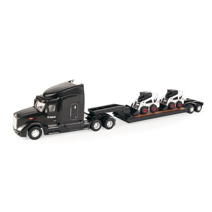 Peterbilt 1:32 Scale 579 Semi with Lowboy Trailer & 2 Bobcat S450 Die-Cast Skid Steers - Truck Toy Set